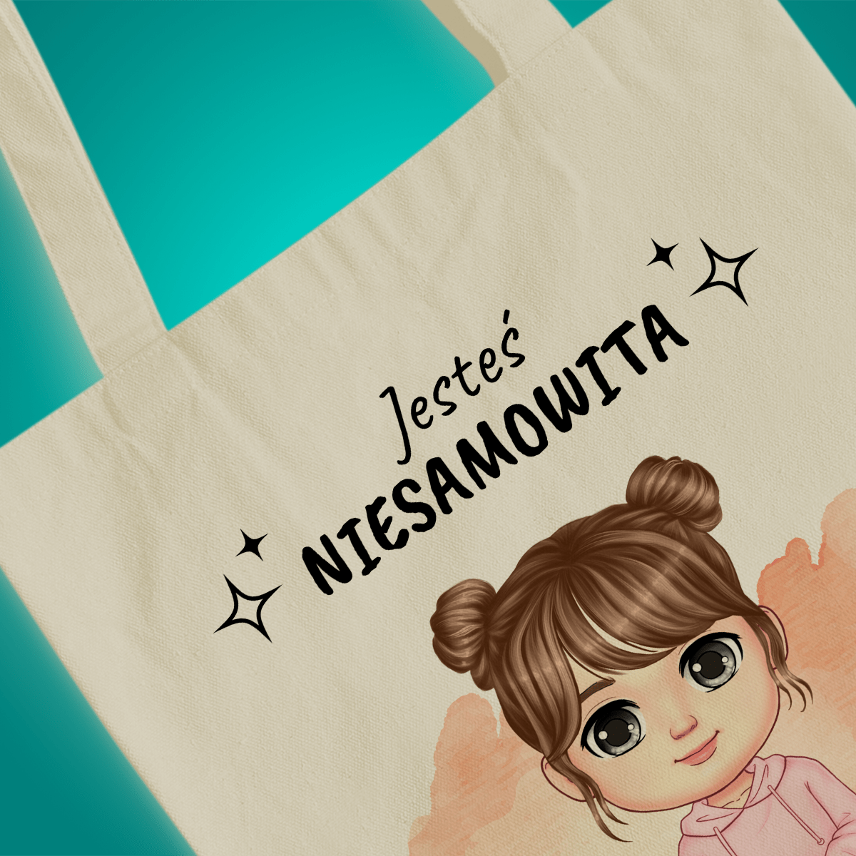 Materiałowa torba shopper z własnym nadrukiem JESTEŚ NIESAMOWITA - spersonalizowany prezent dla nastolatki - idamell.com