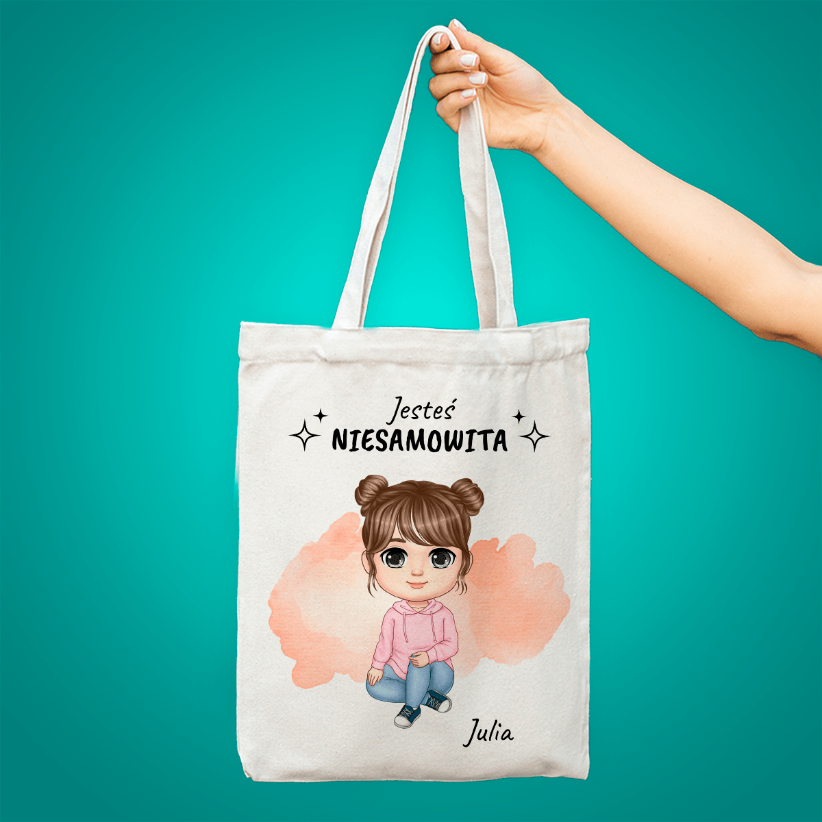 Materiałowa torba shopper z własnym nadrukiem JESTEŚ NIESAMOWITA - spersonalizowany prezent dla nastolatki - idamell.com