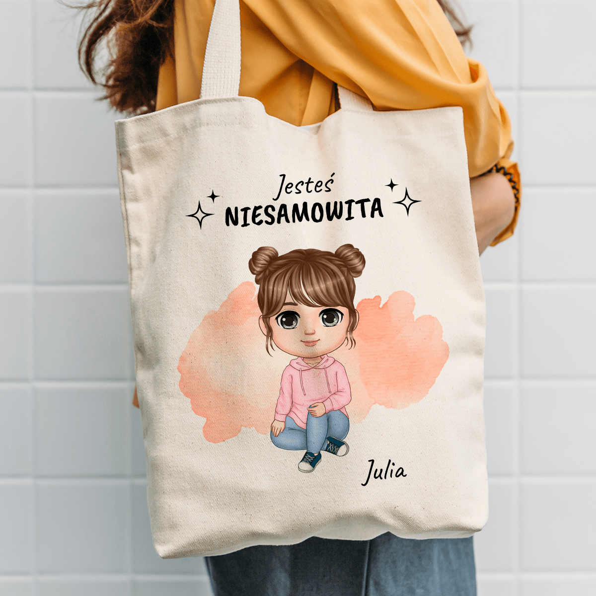 Materiałowa torba shopper z własnym nadrukiem JESTEŚ NIESAMOWITA - spersonalizowany prezent dla nastolatki - idamell.com