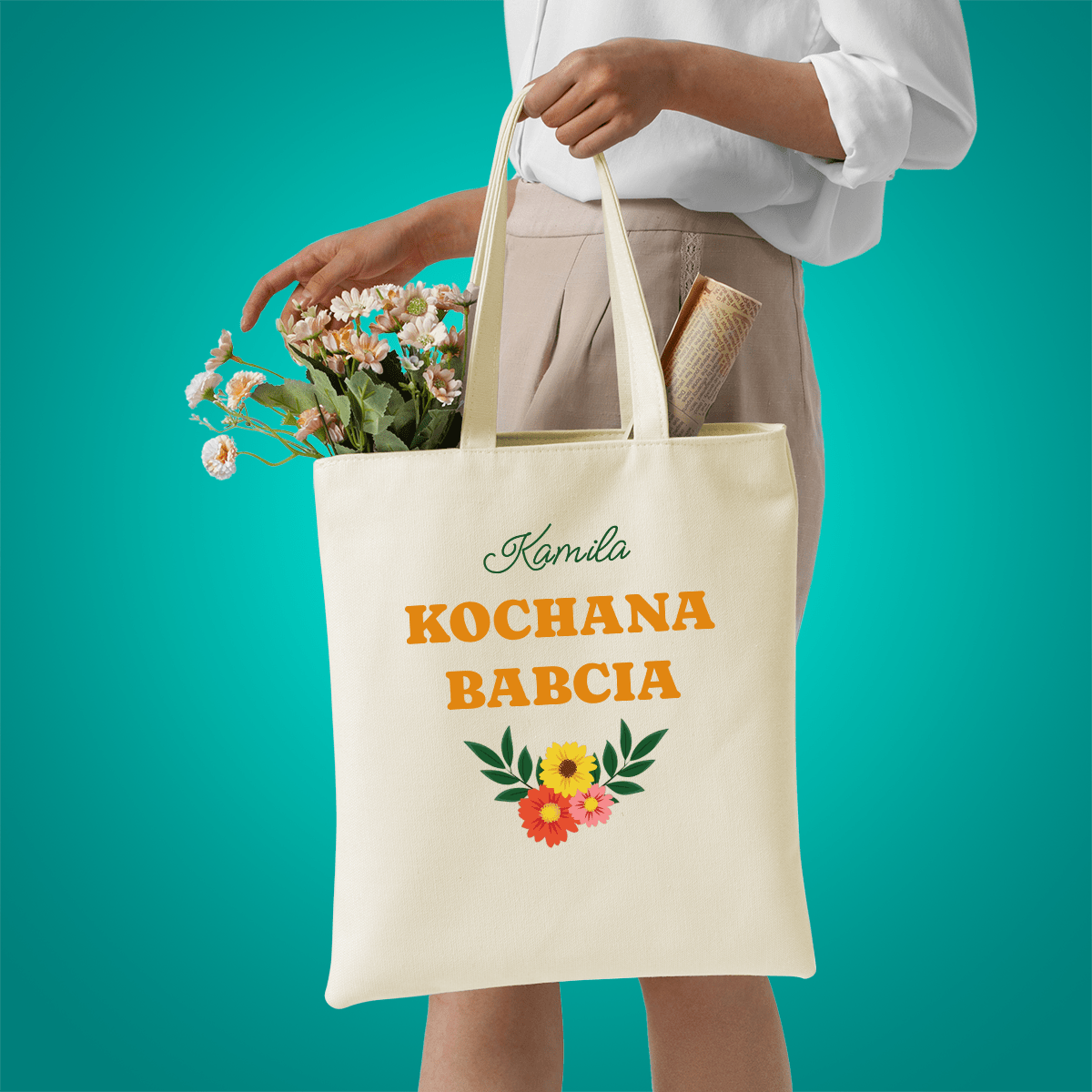 Materiałowa torba shopper z własnym nadrukiem KOCHANA BABCIA - spersonalizowany prezent dla babci - idamell.com