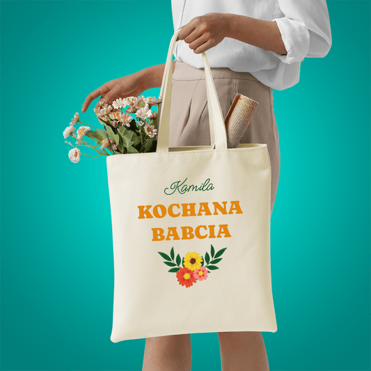 Materiałowa torba shopper z własnym nadrukiem KOCHANA BABCIA - spersonalizowany prezent dla babci - idamell.com