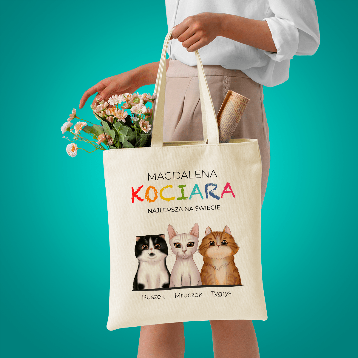 Materiałowa torba shopper z własnym nadrukiem KOCIARA - spersonalizowany prezent dla właściciela kota - idamell.com