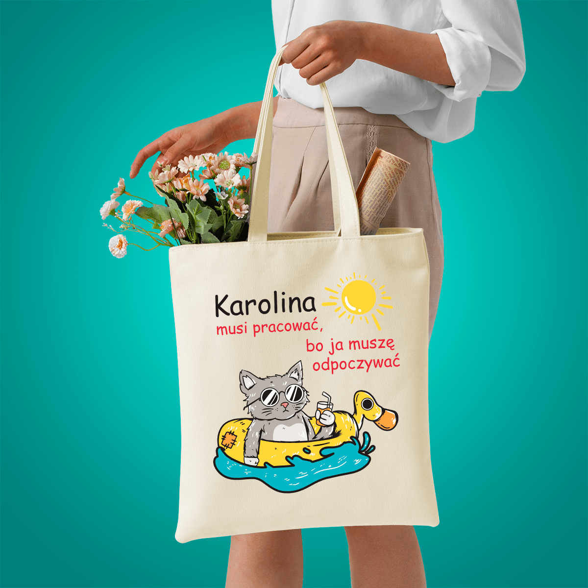 Materiałowa torba shopper z własnym nadrukiem KOT - spersonalizowany prezent dla właściciela kota - idamell.com