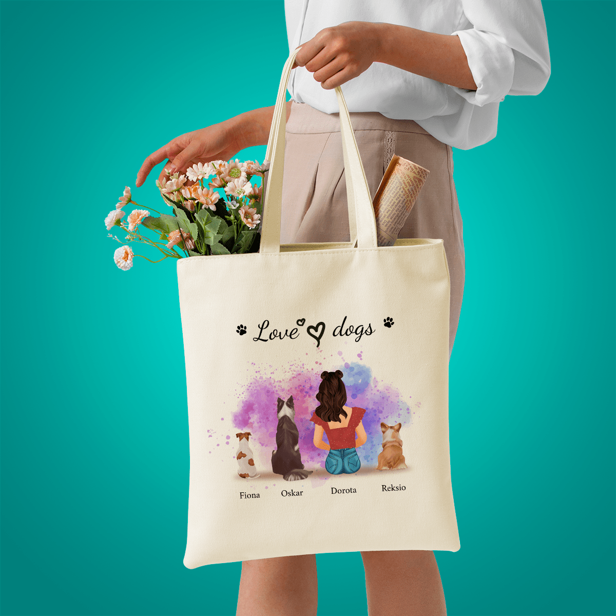 Materiałowa torba shopper z własnym nadrukiem LOVE DOGS - spersonalizowany prezent dla właściciela psa - idamell.com