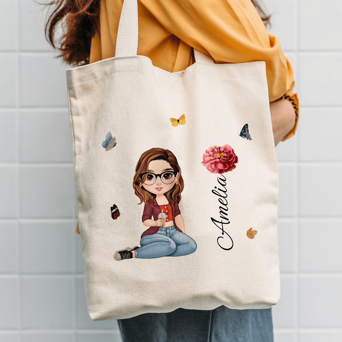 Materiałowa torba shopper z własnym nadrukiem MAMA Z KWIATEM - spersonalizowany prezent dla mamy - idamell.com