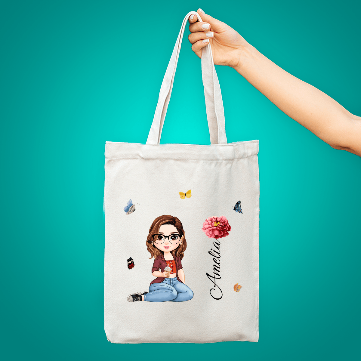 Materiałowa torba shopper z własnym nadrukiem MAMA Z KWIATEM - spersonalizowany prezent dla mamy - idamell.com