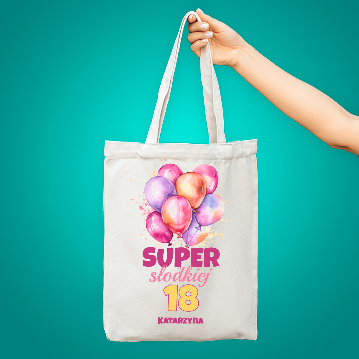 Materiałowa torba shopper z własnym nadrukiem NA 18. URODZINY - spersonalizowany prezent dla niej - idamell.com