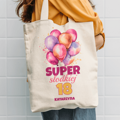 Materiałowa torba shopper z własnym nadrukiem NA 18. URODZINY - spersonalizowany prezent dla niej - idamell.com
