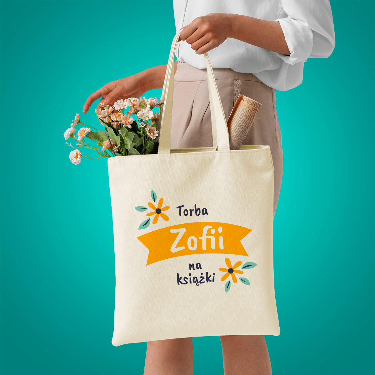 Materiałowa torba shopper z własnym nadrukiem NA KSIĄŻKI - spersonalizowany prezent dla niej - idamell.com