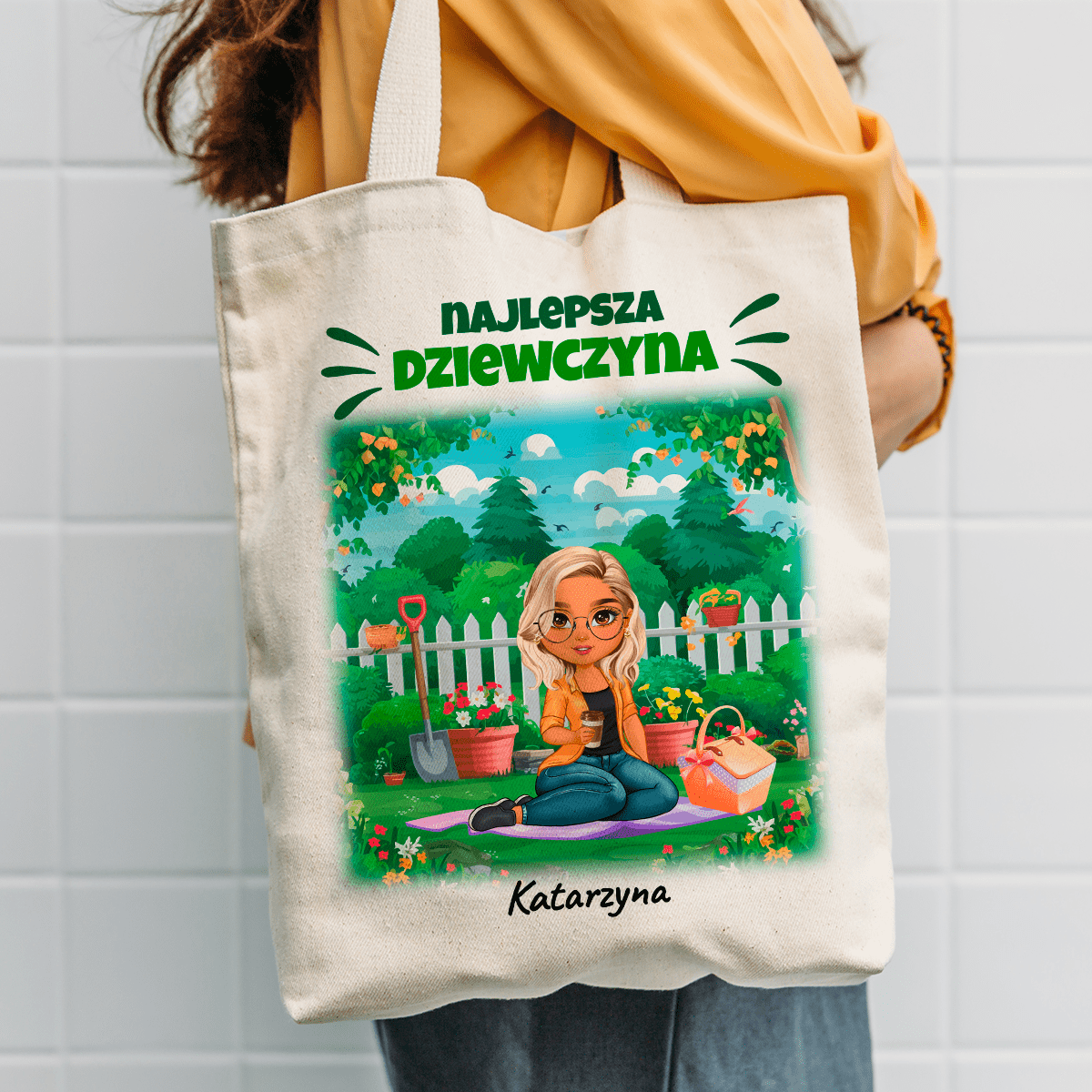 Materiałowa torba shopper z własnym nadrukiem NAJLEPSZA DZIEWCZYNA CLIPART - spersonalizowany prezent dla kobiety - idamell.com