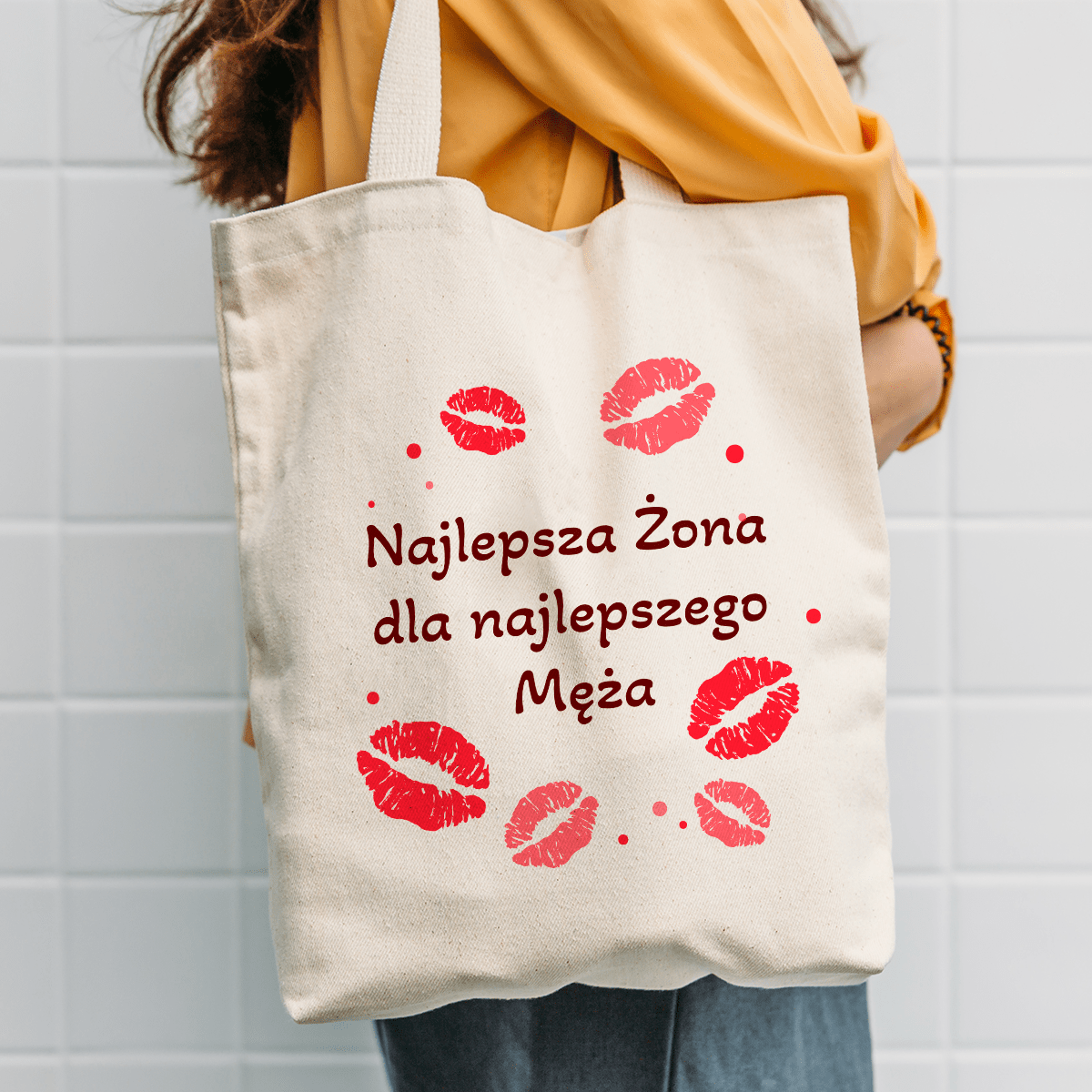 Materiałowa torba shopper z własnym nadrukiem NAJLEPSZA ŻONA - spersonalizowany prezent dla żony - idamell.com