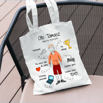 Materiałowa torba shopper z własnym nadrukiem NAJLEPSZY MĘŻCZYZNA - spersonalizowany prezent dla niego - idamell.com