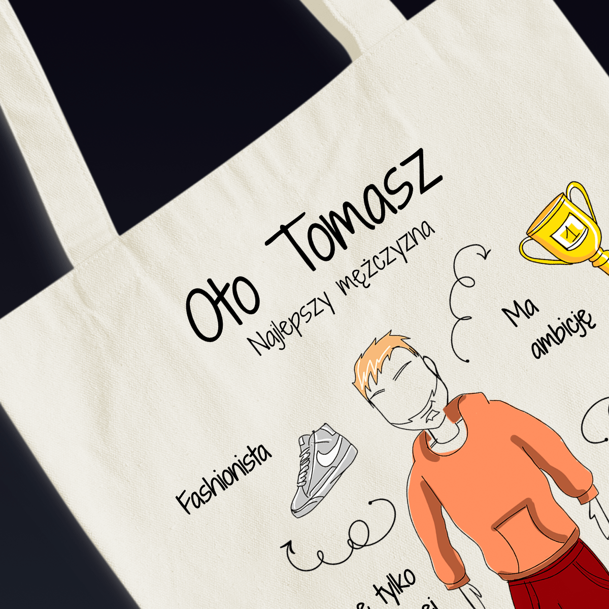 Materiałowa torba shopper z własnym nadrukiem NAJLEPSZY MĘŻCZYZNA - spersonalizowany prezent dla niego - idamell.com