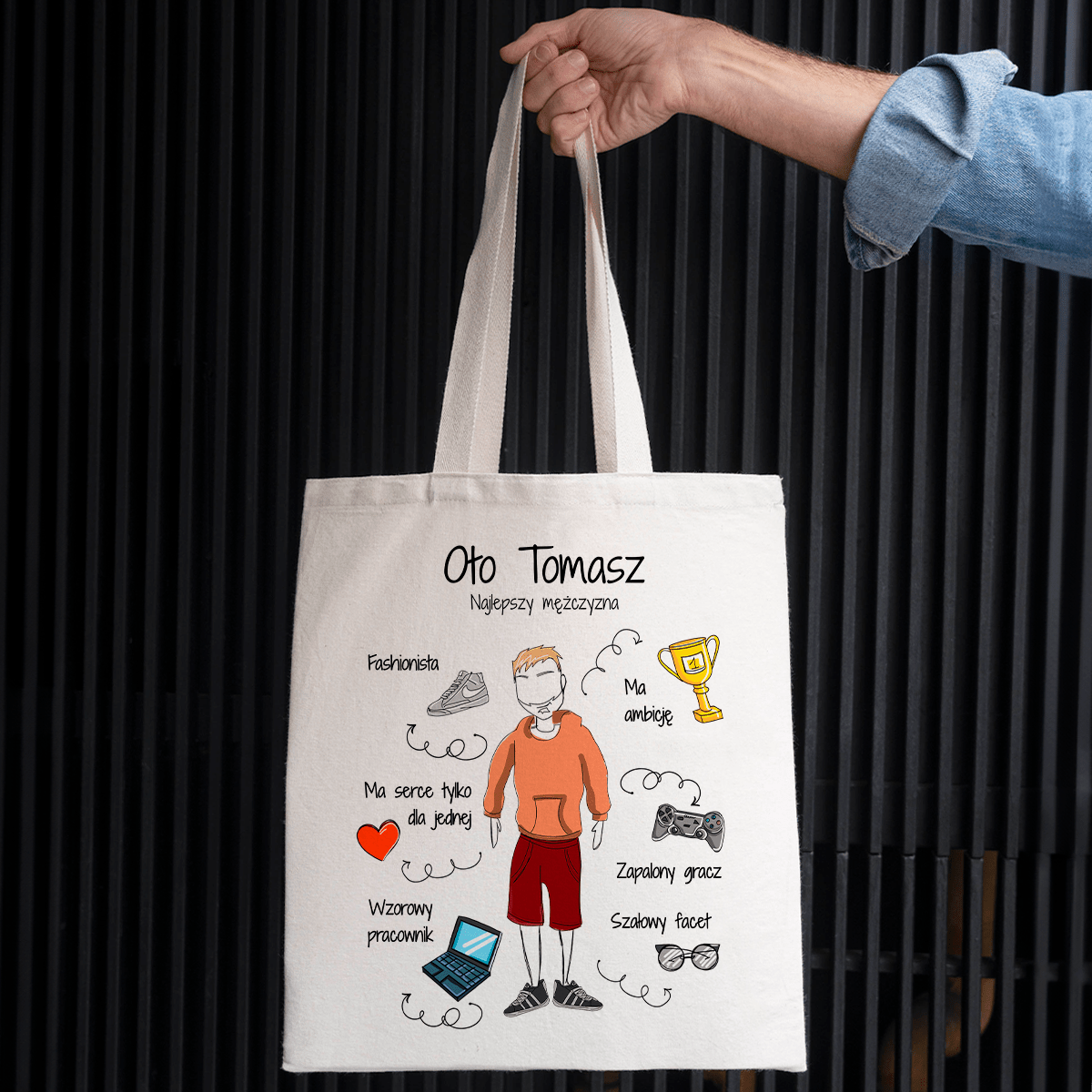 Materiałowa torba shopper z własnym nadrukiem NAJLEPSZY MĘŻCZYZNA - spersonalizowany prezent dla niego - idamell.com