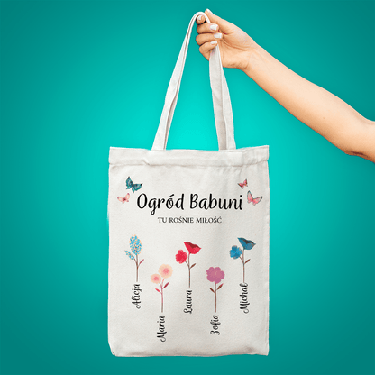 Materiałowa torba shopper z własnym nadrukiem OGRÓD BABUNI - spersonalizowany prezent dla babci - idamell.com