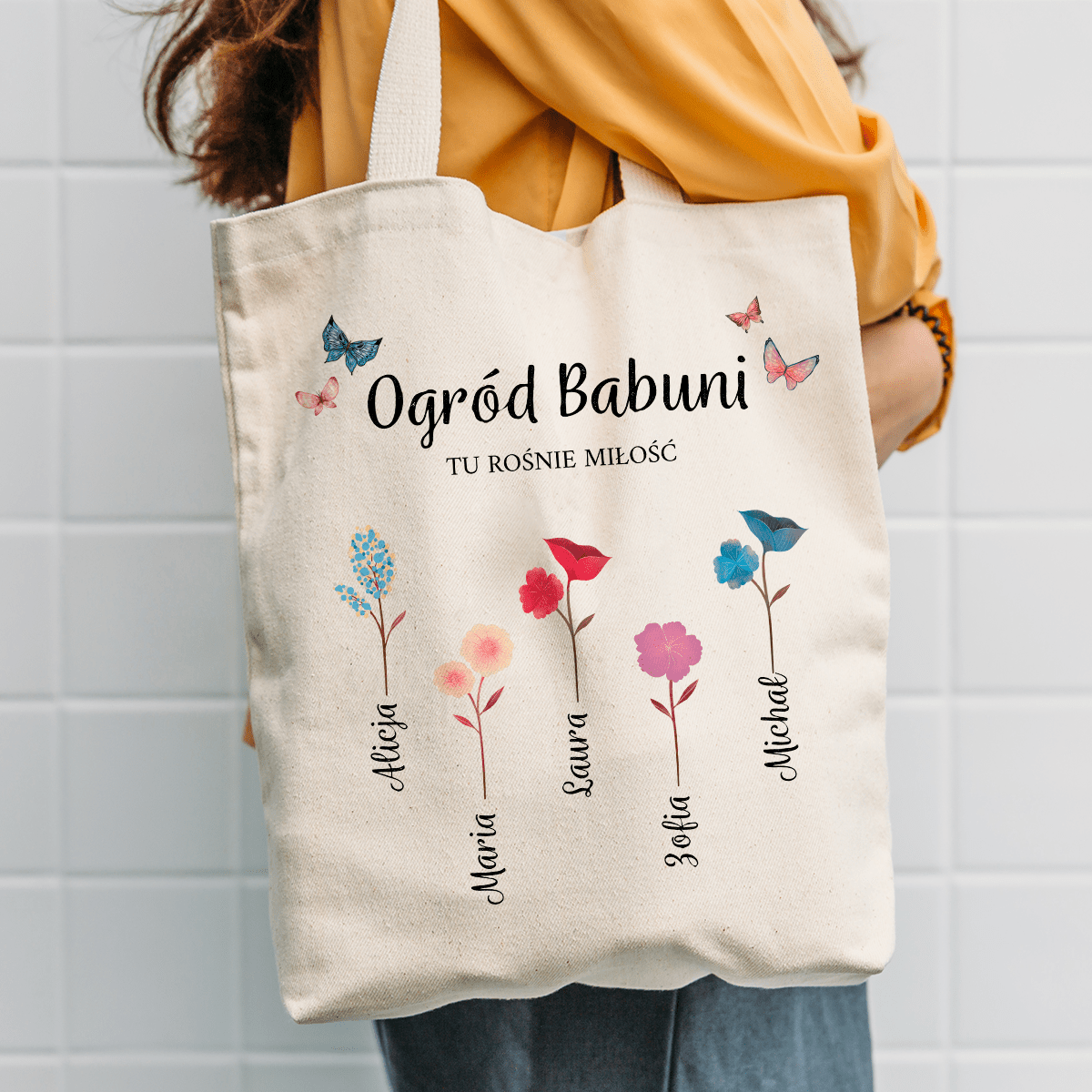 Materiałowa torba shopper z własnym nadrukiem OGRÓD BABUNI - spersonalizowany prezent dla babci - idamell.com