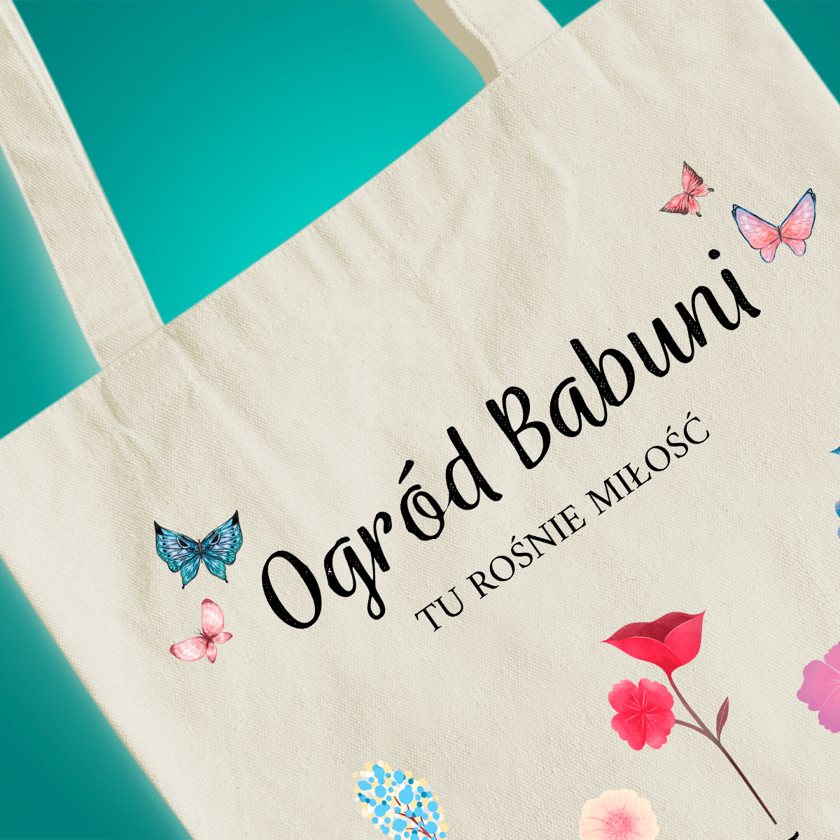 Materiałowa torba shopper z własnym nadrukiem OGRÓD BABUNI - spersonalizowany prezent dla babci - idamell.com