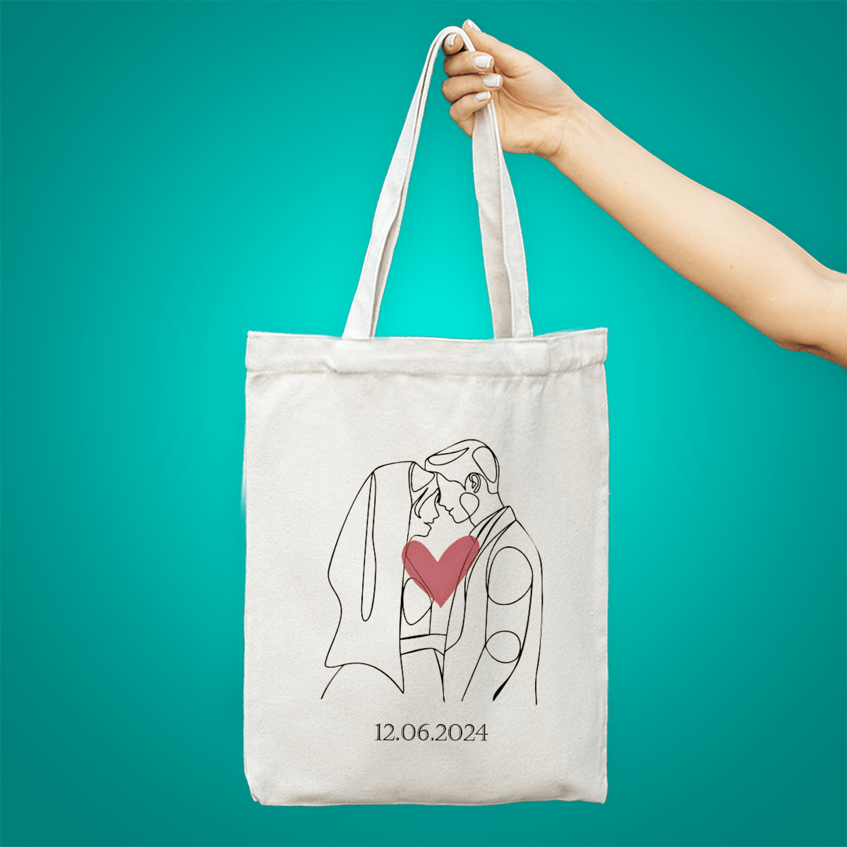 Materiałowa torba shopper z własnym nadrukiem PARA + DATA - spersonalizowany prezent dla pary - idamell.com