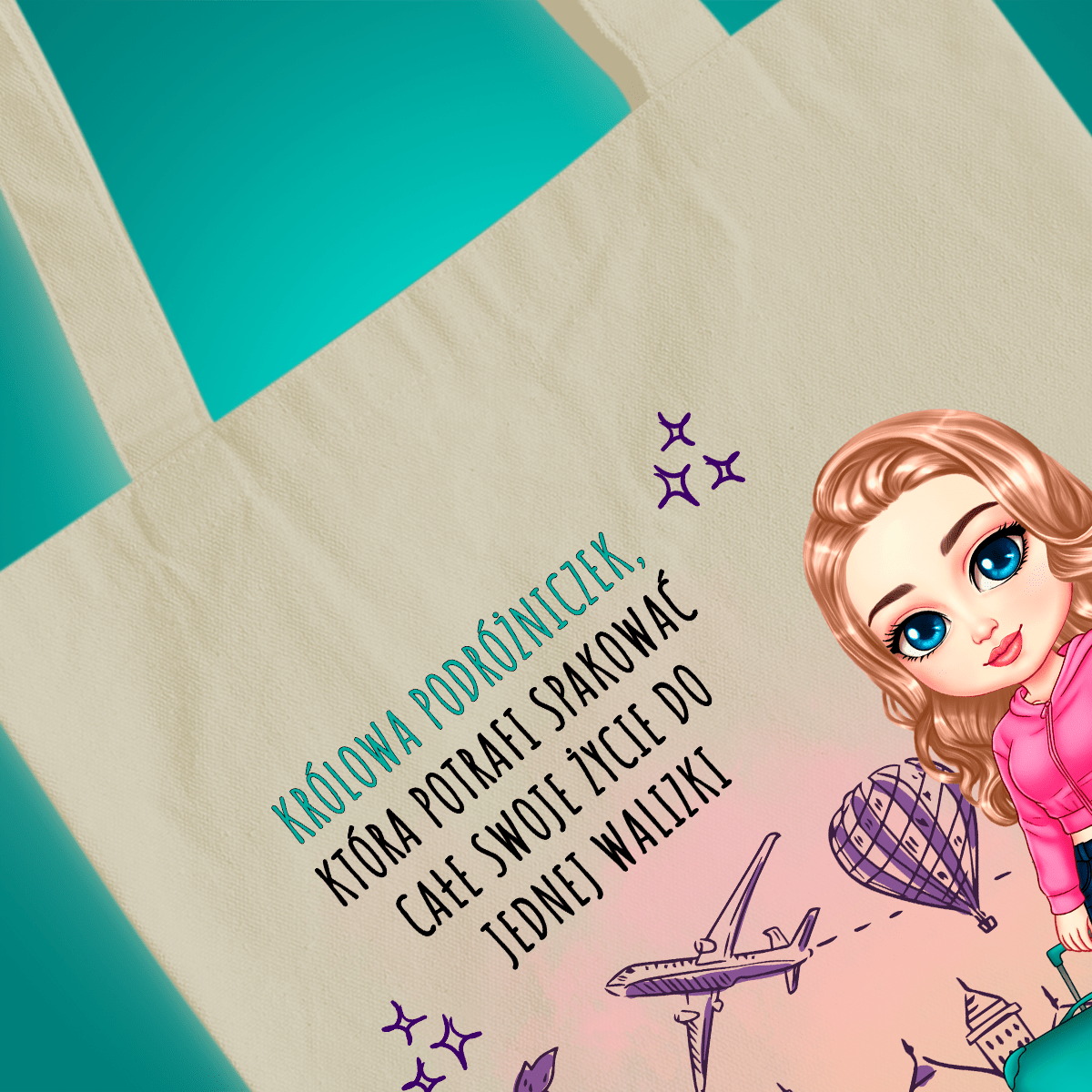 Materiałowa torba shopper z własnym nadrukiem PODRÓŻNICZKA - spersonalizowany prezent dla cioci - idamell.com