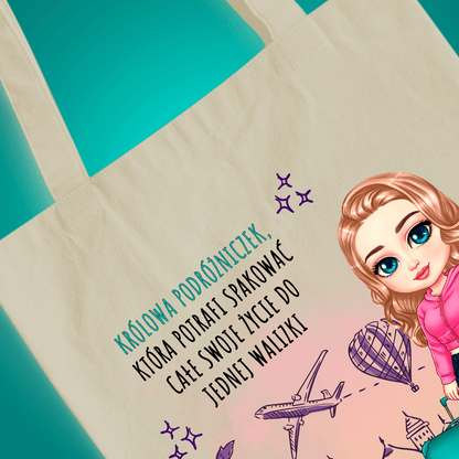 Materiałowa torba shopper z własnym nadrukiem PODRÓŻNICZKA - spersonalizowany prezent dla cioci - idamell.com