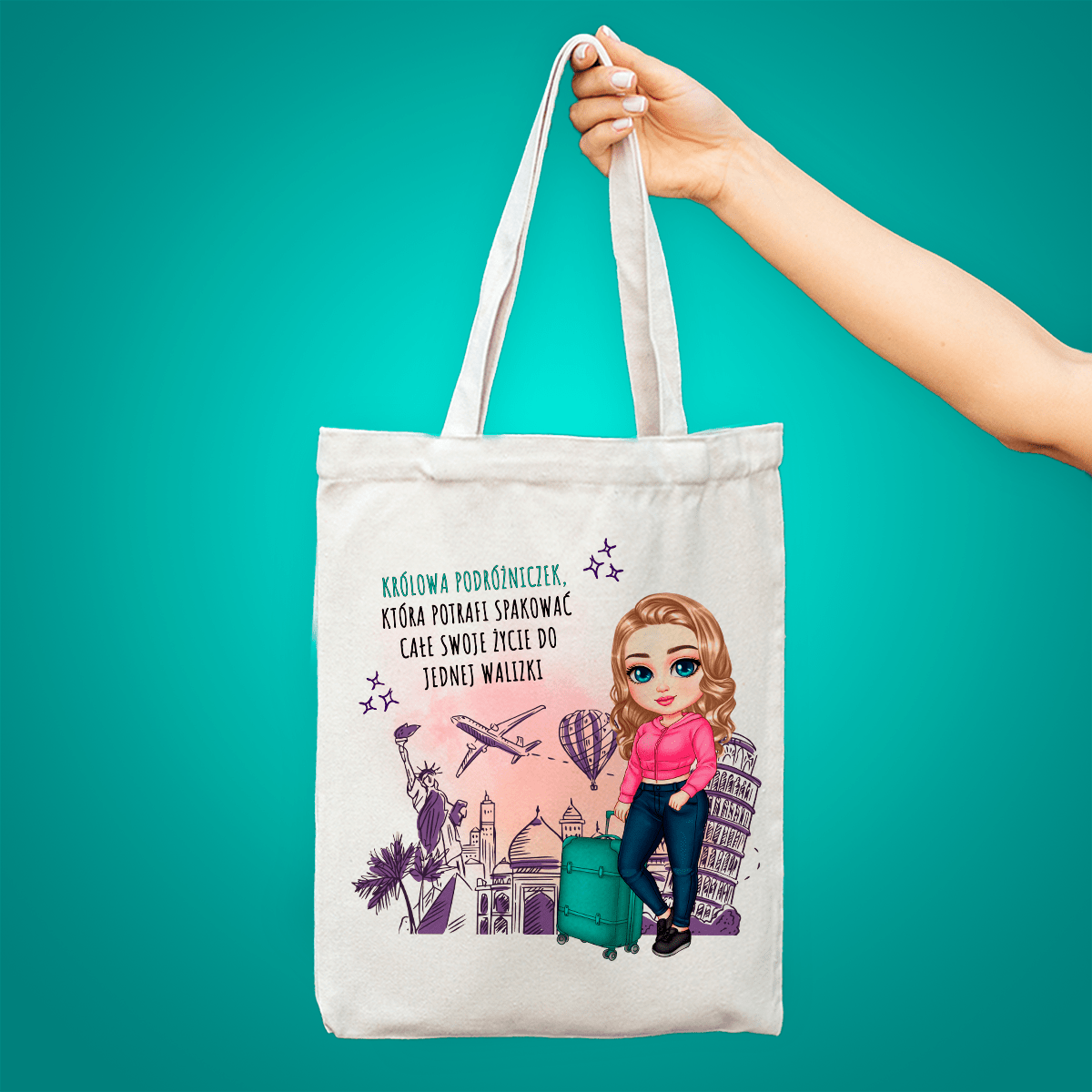 Materiałowa torba shopper z własnym nadrukiem PODRÓŻNICZKA - spersonalizowany prezent dla cioci - idamell.com