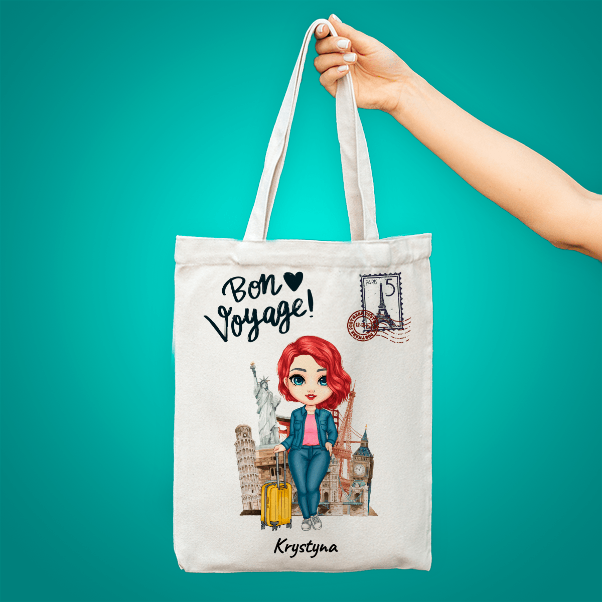 Materiałowa torba shopper z własnym nadrukiem PODRÓŻNICZKA - spersonalizowany prezent dla niej - idamell.com
