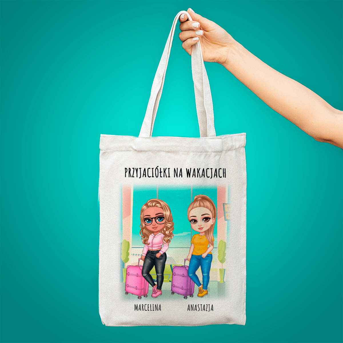 Materiałowa torba shopper z własnym nadrukiem PRZYJACIÓŁKI NA WAKACJACH - spersonalizowany prezent dla przyjaciółki - idamell.com