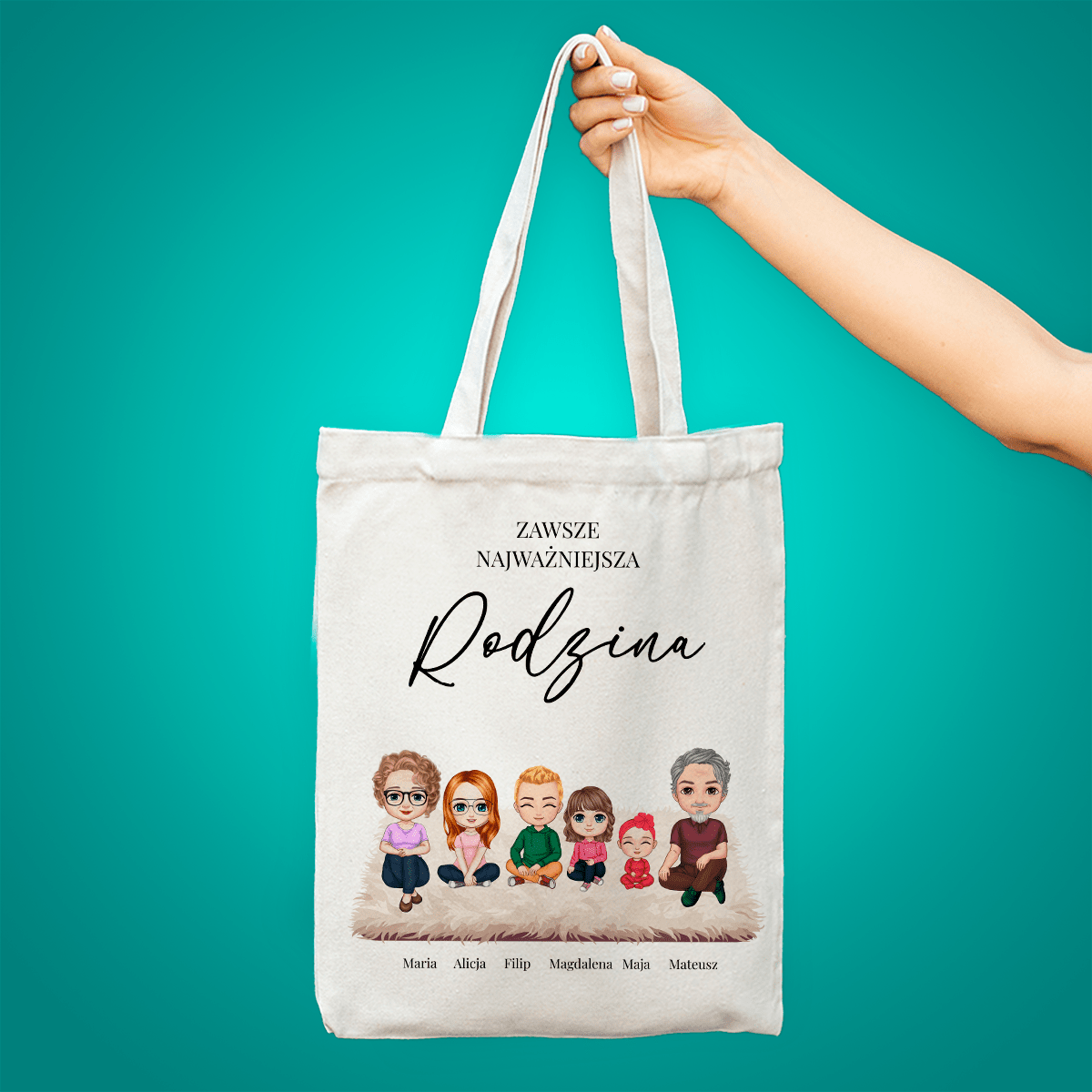 Materiałowa torba shopper z własnym nadrukiem RODZINA NAJWAŻNIEJSZA - spersonalizowany prezent dla dziadków - idamell.com