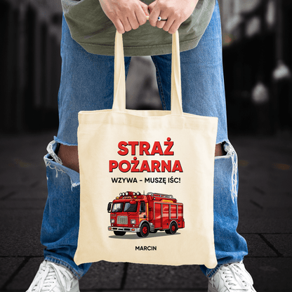 Materiałowa torba shopper z własnym nadrukiem STRAŻAK - spersonalizowany prezent dla strażaka - idamell.com