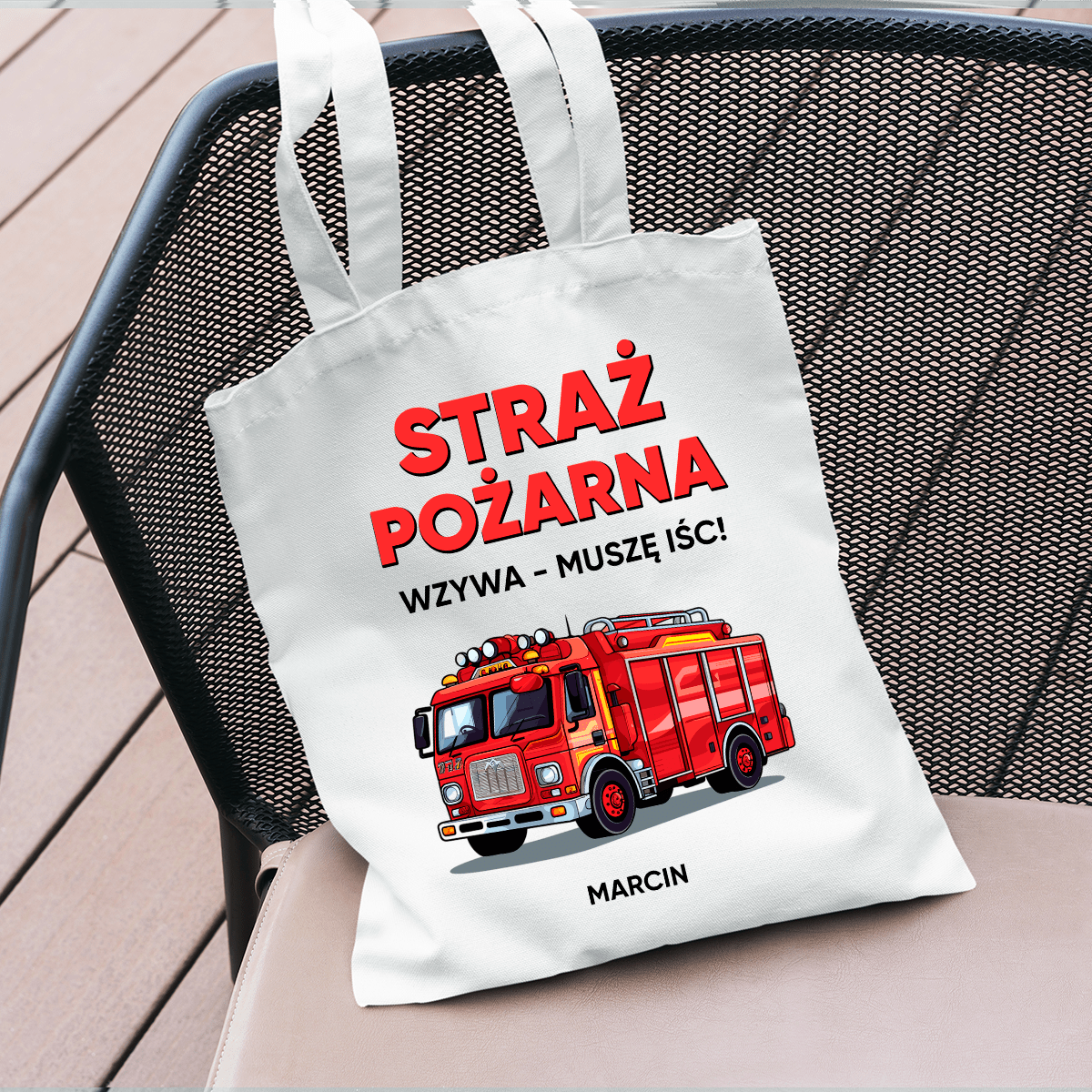 Materiałowa torba shopper z własnym nadrukiem STRAŻAK - spersonalizowany prezent dla strażaka - idamell.com