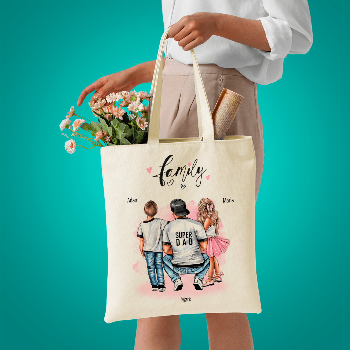 Materiałowa torba shopper z własnym nadrukiem SUPER DAD - spersonalizowany prezent dla taty - idamell.com