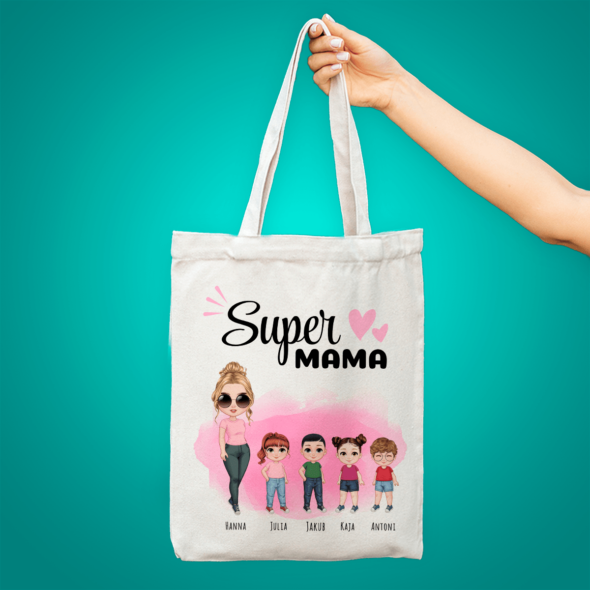 Materiałowa torba shopper z własnym nadrukiem SUPER MAMA - spersonalizowany prezent dla mamy - idamell.com