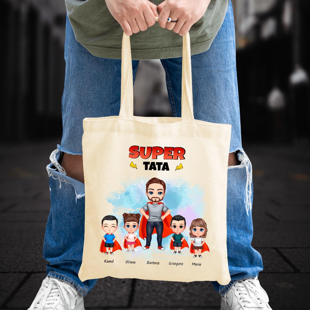 Materiałowa torba shopper z własnym nadrukiem SUPER TATA - spersonalizowany prezent dla taty - idamell.com