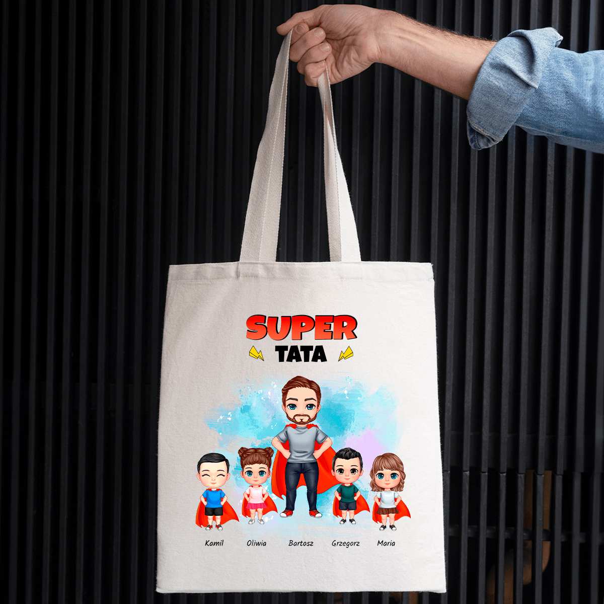 Materiałowa torba shopper z własnym nadrukiem SUPER TATA - spersonalizowany prezent dla taty - idamell.com
