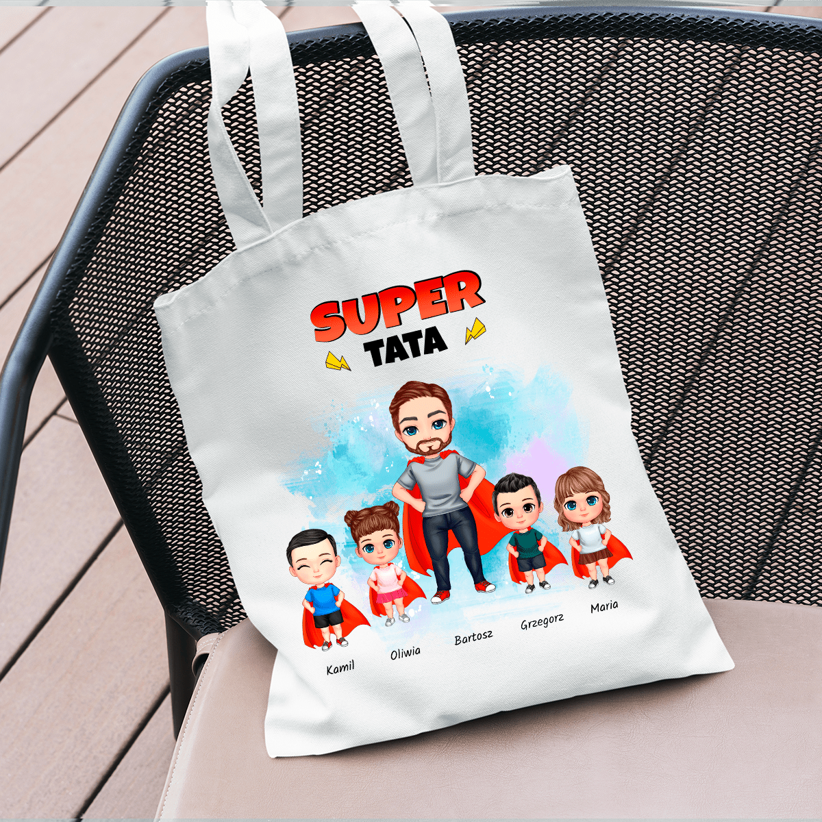 Materiałowa torba shopper z własnym nadrukiem SUPER TATA - spersonalizowany prezent dla taty - idamell.com