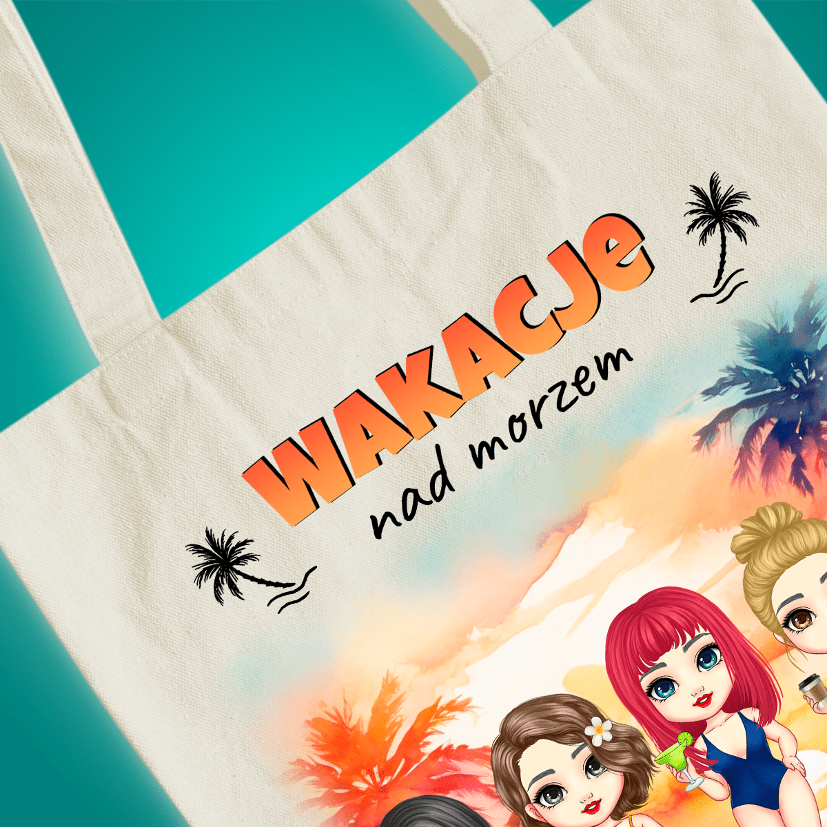 Materiałowa torba shopper z własnym nadrukiem WAKACJE NAD MORZEM - spersonalizowany prezent dla przyjaciółki - idamell.com