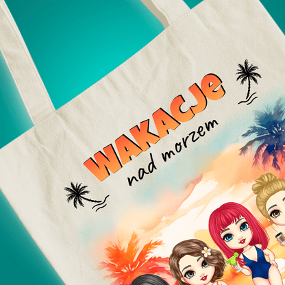 Materiałowa torba shopper z własnym nadrukiem WAKACJE NAD MORZEM - spersonalizowany prezent dla przyjaciółki - idamell.com