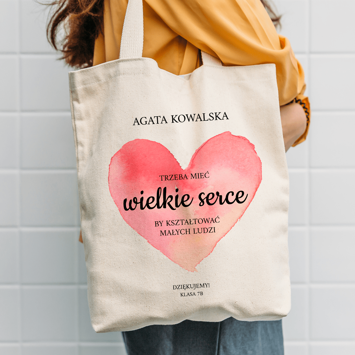 Materiałowa torba shopper z własnym nadrukiem WIELKIE SERCE - spersonalizowany prezent dla nauczycielki - idamell.com