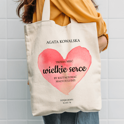 Materiałowa torba shopper z własnym nadrukiem WIELKIE SERCE - spersonalizowany prezent dla nauczycielki - idamell.com