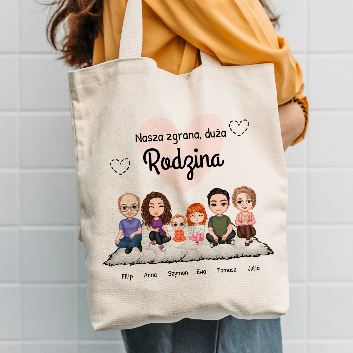 Materiałowa torba shopper z własnym nadrukiem ZGRANA RODZINA - spersonalizowany prezent dla dziadków - idamell.com
