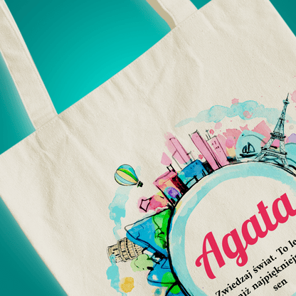 Materiałowa torba shopper z własnym nadrukiem ZWIEDZAJ ŚWIAT - spersonalizowany prezent dla kobiety - idamell.com