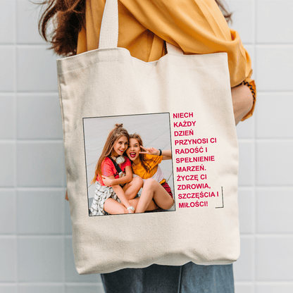 Materiałowa torba shopper z własnym nadrukiem ŻYCZENIA - spersonalizowany prezent dla przyjaciółki - idamell.com