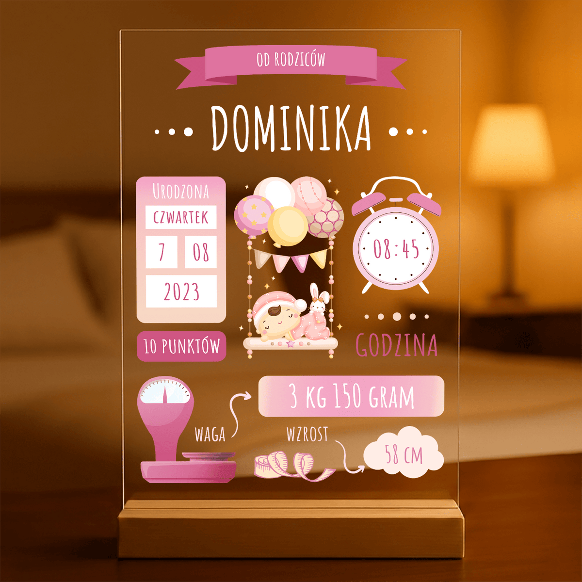 Metryczka dziewczynki - Druk na szkle, spersonalizowany prezent dla dziecka - idamell.com