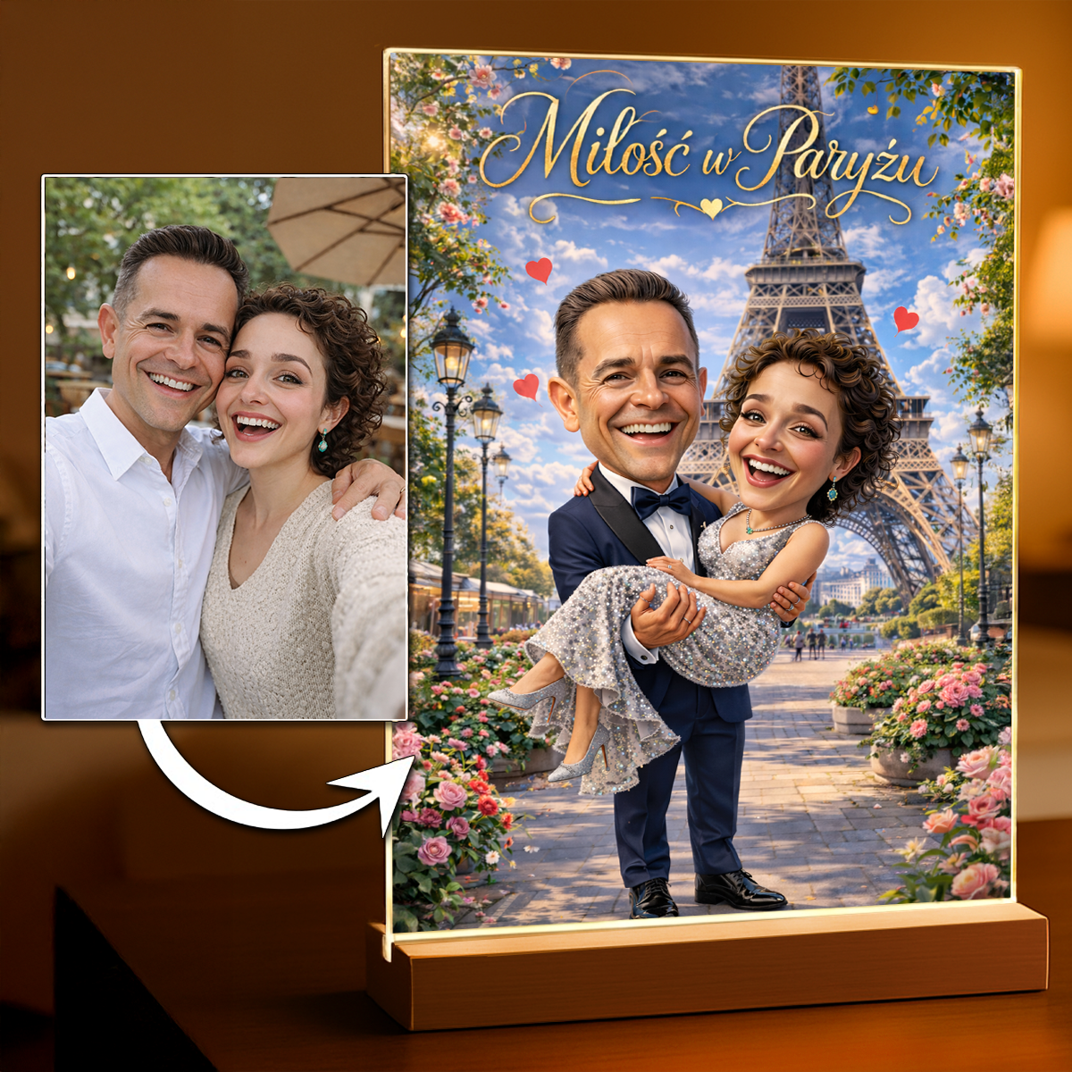 Miłość w Paryżu Ilustracja - Druk na szkle, spersonalizowany prezent dla pary - idamell.com