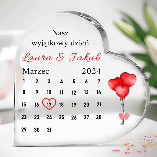 Miłosny kalendarz - Szklane serce, spersonalizowany prezent dla niej - idamell.com