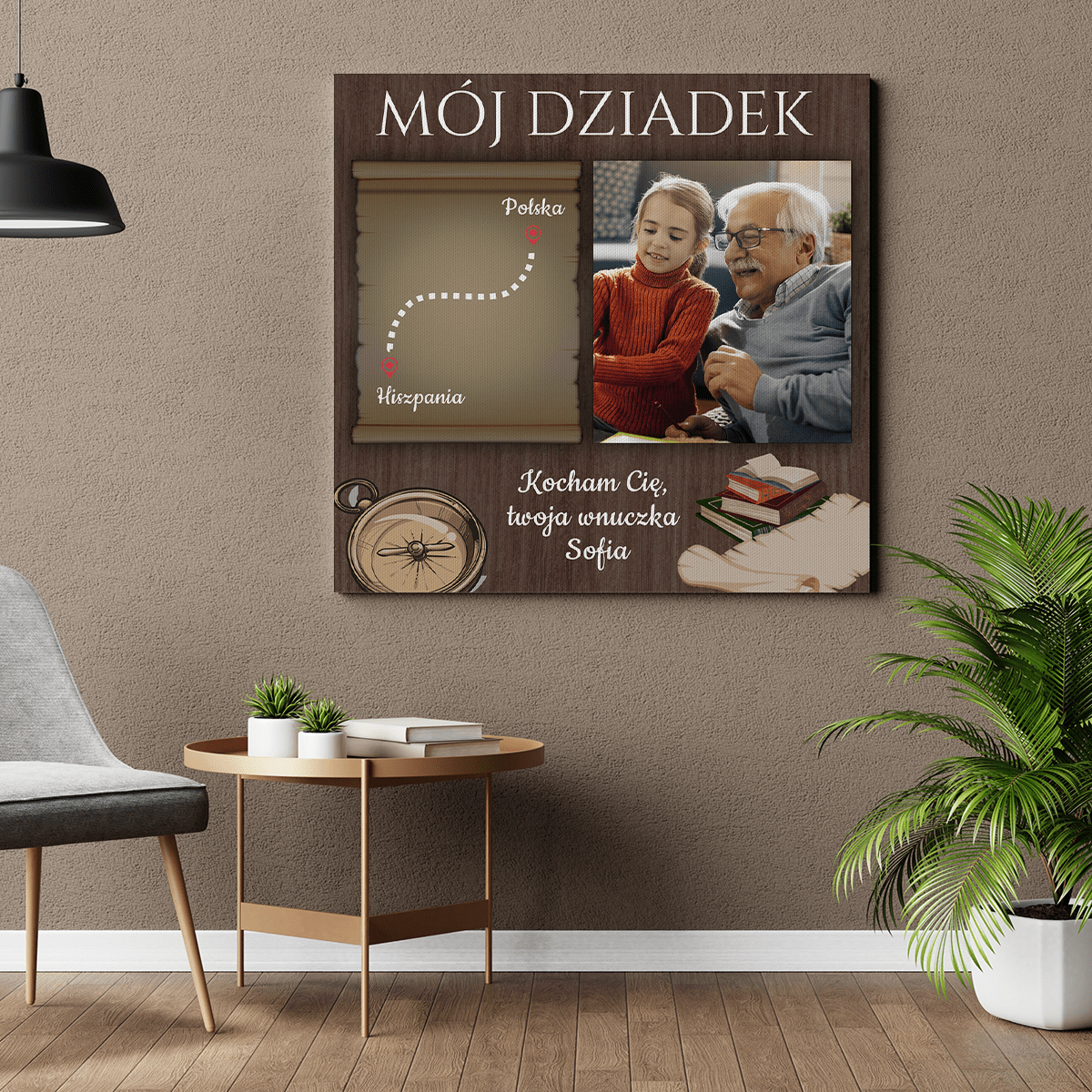 Mój dziadek - mapa - druk na płótnie, spersonalizowany prezent dla dziadka - idamell.com