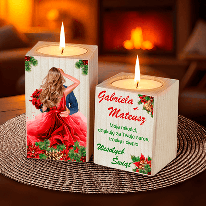 Moja miłość - 2 x Drewniany świecznik, spersonalizowany prezent dla żony - idamell.com