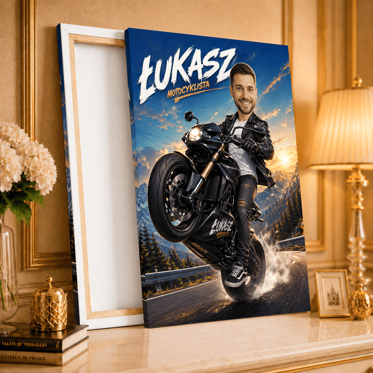 Motocyklista Ilustracja - druk na płótnie, spersonalizowany prezent dla motocyklisty - idamell.com