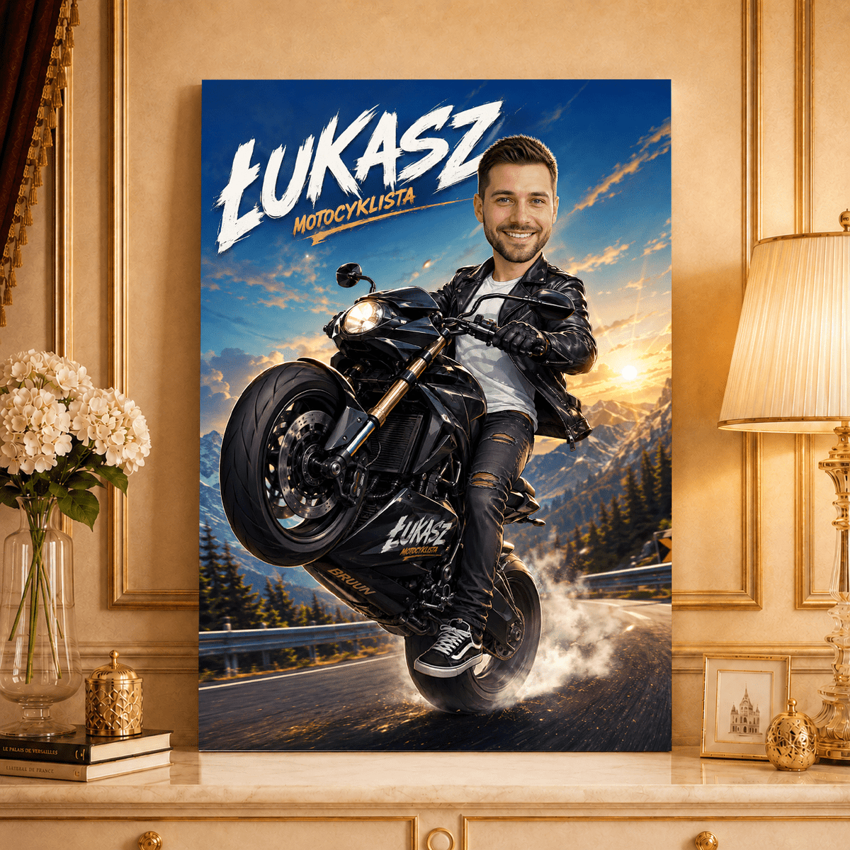 Motocyklista Ilustracja - druk na płótnie, spersonalizowany prezent dla motocyklisty - idamell.com