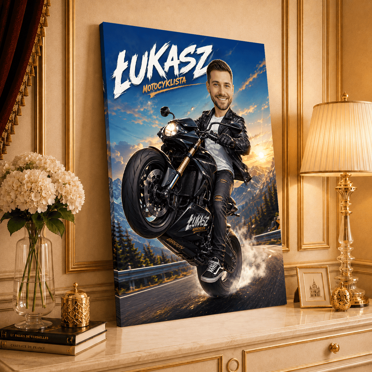 Motocyklista Ilustracja - druk na płótnie, spersonalizowany prezent dla motocyklisty - idamell.com